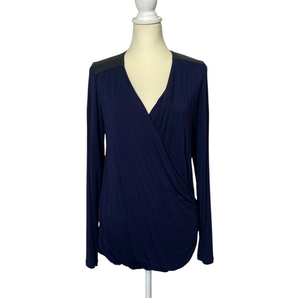 Cabi "Midnight in Paris" Dak Blue Faux Wrap Blouse Women's Size Medium